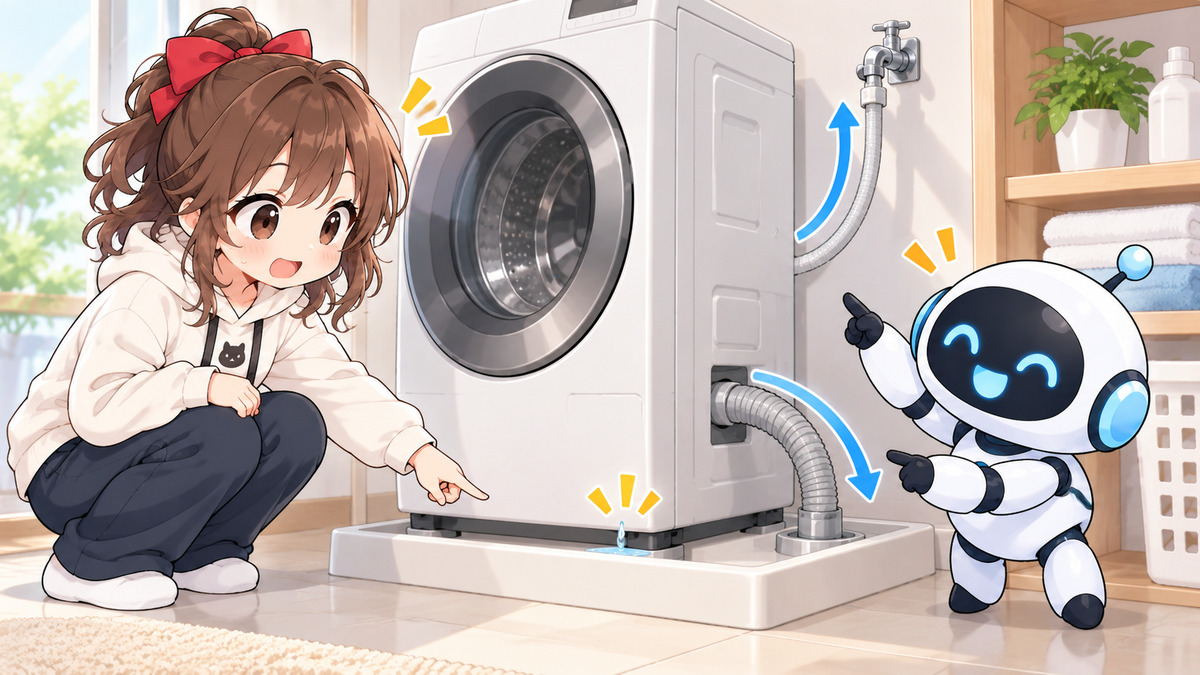 洗濯機の給排水ホースを確認するイメージ（特定機種の構造・作業手順を示す図ではありません）