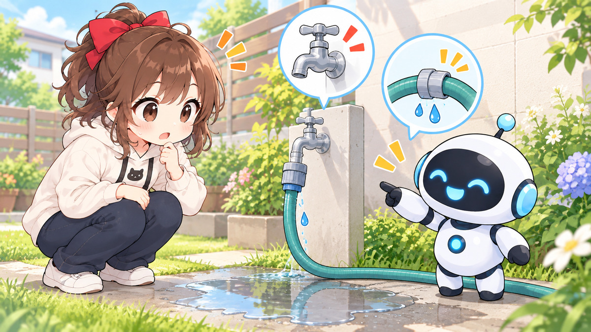 庭の蛇口と散水ホースを確認するイメージ（特定機種の構造・作業手順を示す図ではありません）