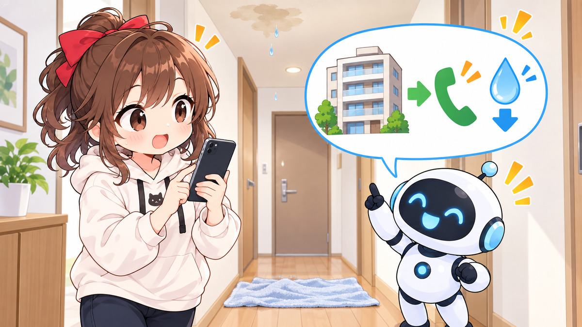 集合住宅の漏水を管理会社へ連絡するイメージ（特定機種の構造・作業手順を示す図ではありません）