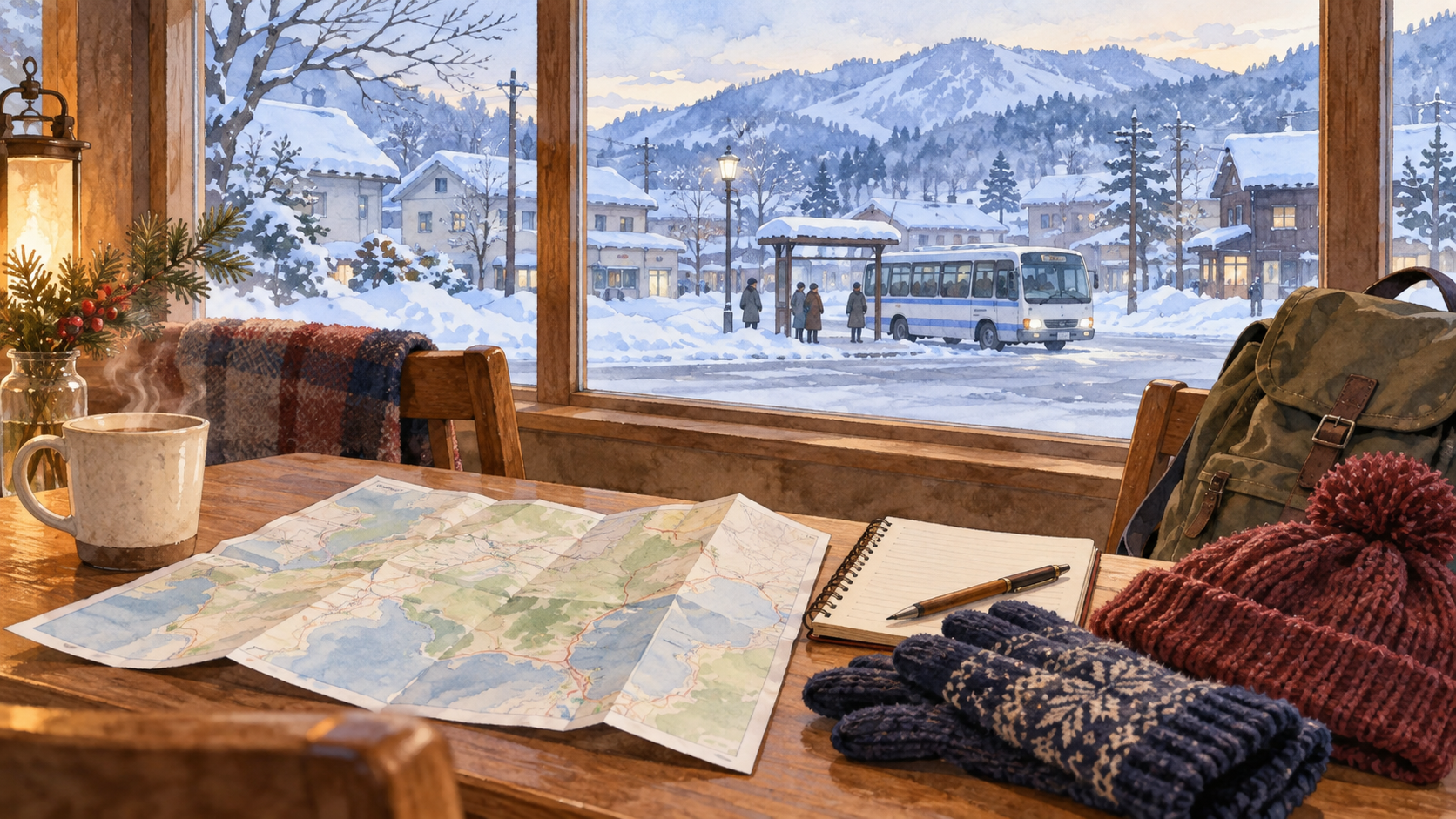 地図と防寒用品を広げた机から雪の町のバスを見る旅行準備のイラスト