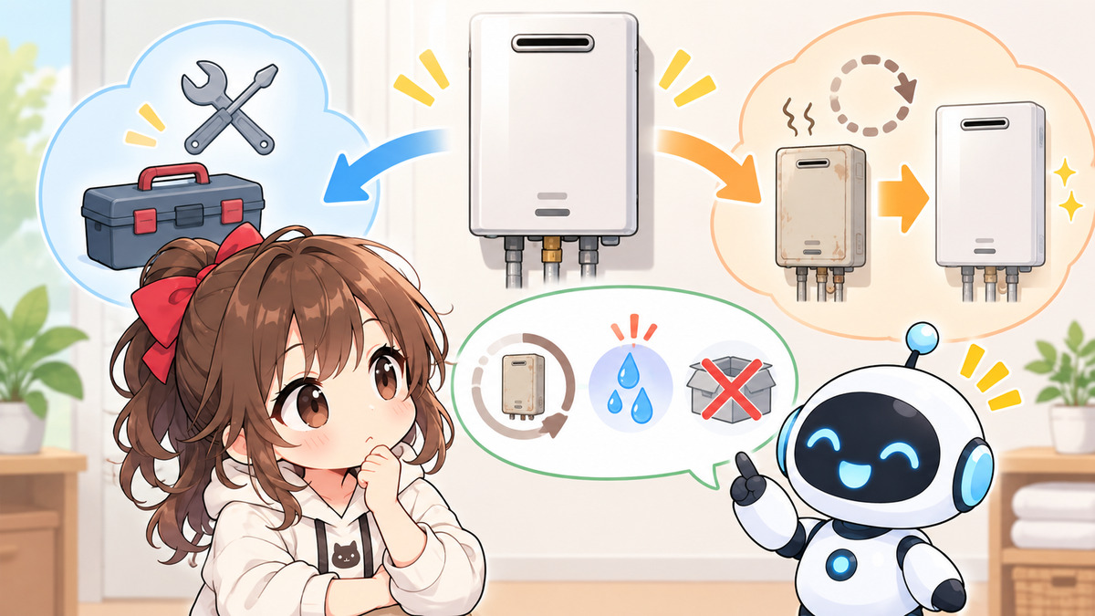 ガス 給湯 器 交換についてワクちゃんとチャッピーが確認しているイラスト