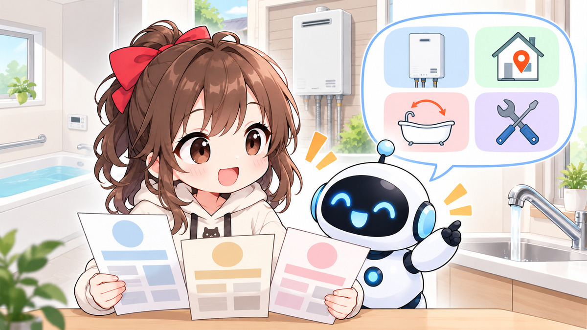 給湯 器 買い替えについてワクちゃんとチャッピーが確認しているイラスト