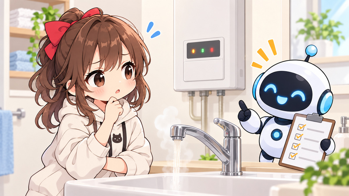 給湯 器 が 壊れ たらについてワクちゃんとチャッピーが確認しているイラスト