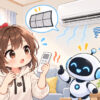 エアコン 壊れ たについてワクちゃんとチャッピーが確認しているイラスト