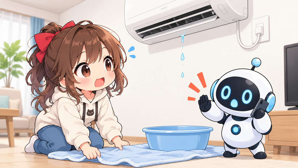 エアコン 動か ないについてワクちゃんとチャッピーが確認しているイラスト