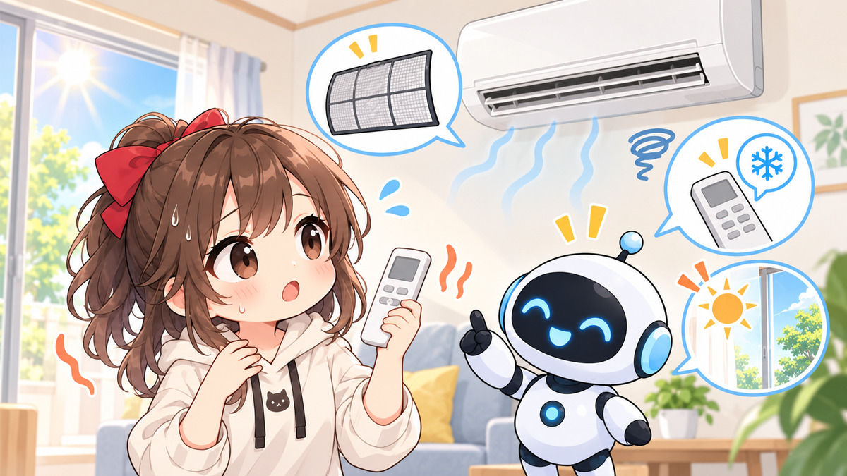 クーラー 効か ないについてワクちゃんとチャッピーが確認しているイラスト