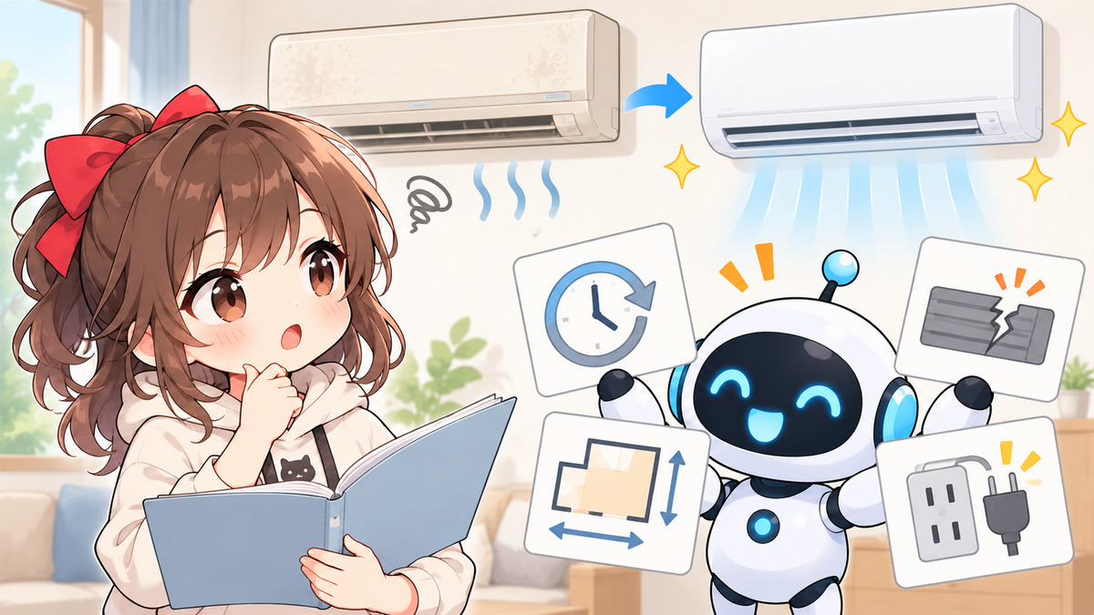 エアコン の ルーバー が 動か ないについてワクちゃんとチャッピーが確認しているイラスト