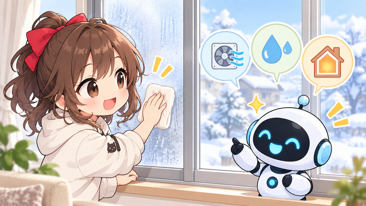 ガラス 交換についてワクちゃんとチャッピーが確認しているイラスト