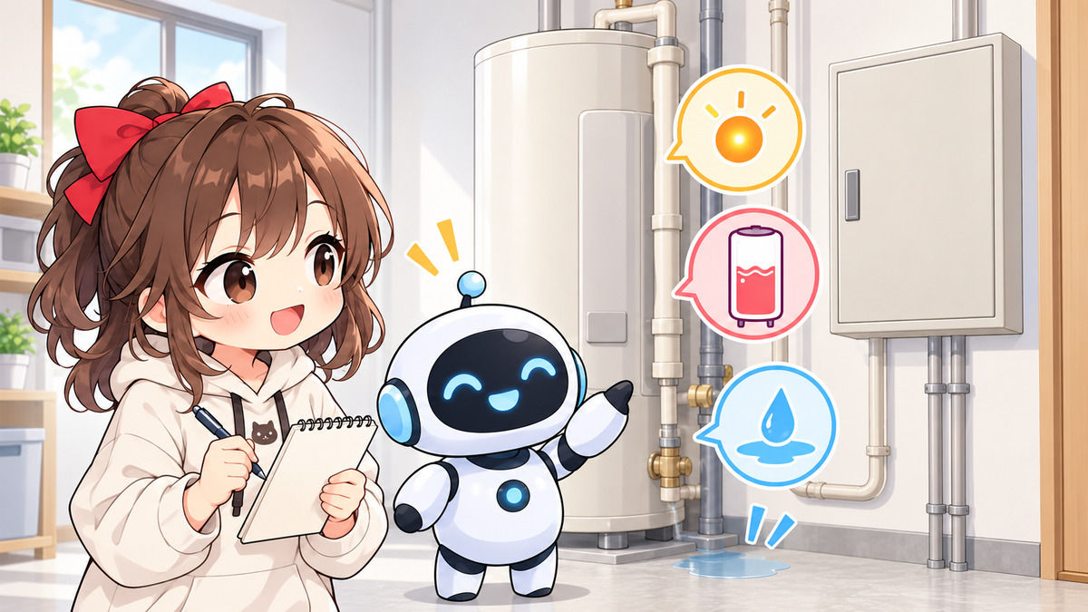 電気 温水 器 交換 費用についてワクちゃんとチャッピーが確認しているイラスト