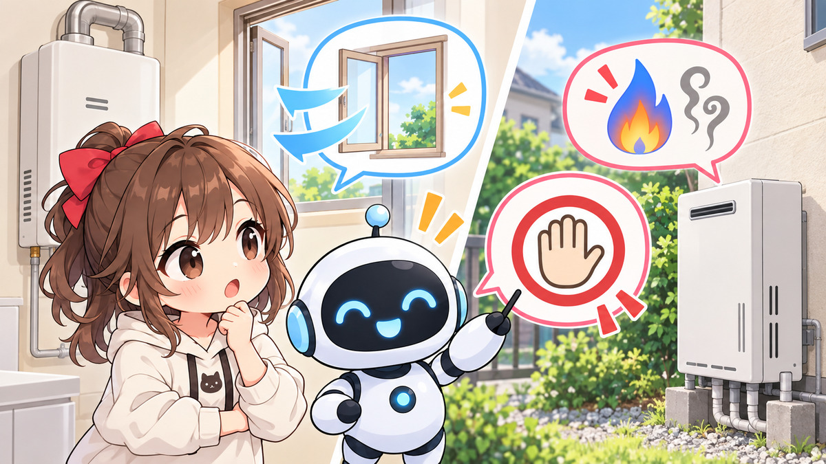 風呂 釜 修理についてワクちゃんとチャッピーが確認しているイラスト