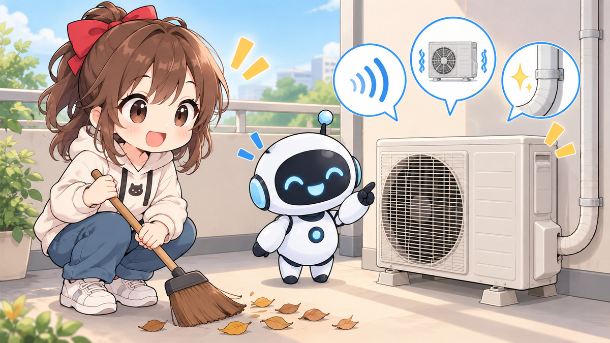 エアコン 室外 機 基盤 交換についてワクちゃんとチャッピーが確認しているイラスト