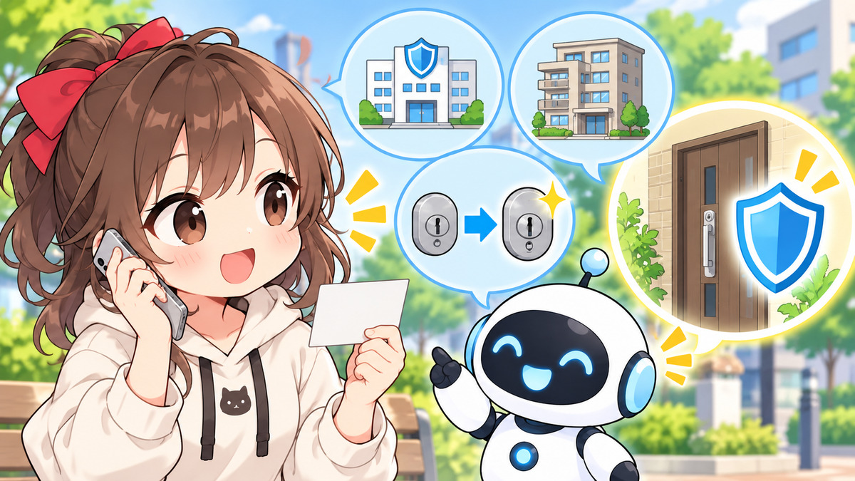 自宅 鍵 紛失についてワクちゃんとチャッピーが確認しているイラスト