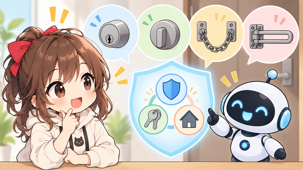 マンション 鍵 交換 費用についてワクちゃんとチャッピーが確認しているイラスト