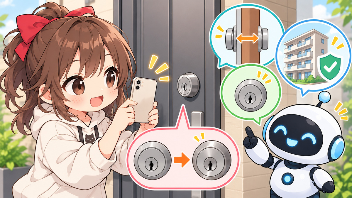 鍵 交換 見積もりについてワクちゃんとチャッピーが確認しているイラスト
