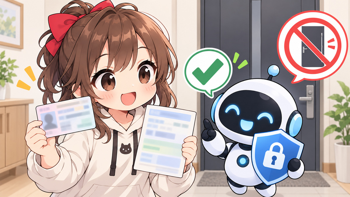 鍵 紛失 開けるについてワクちゃんとチャッピーが確認しているイラスト