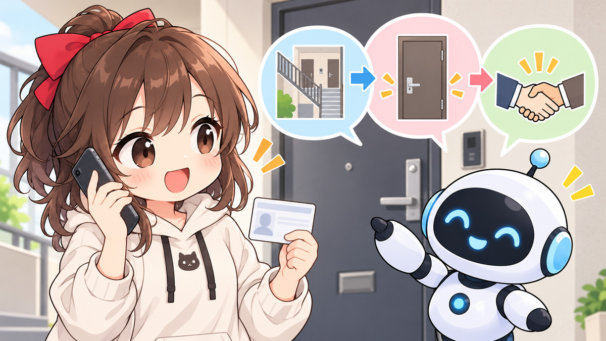 マンション オート ロック 鍵 交換についてワクちゃんとチャッピーが確認しているイラスト
