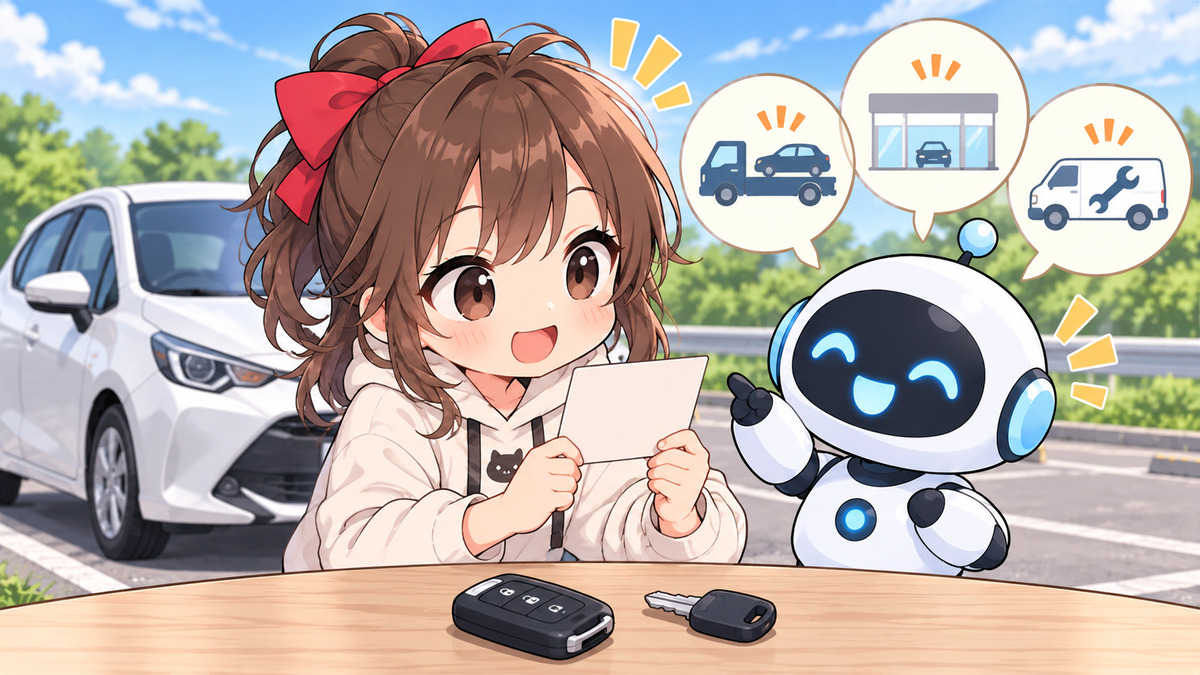 鍵屋 車についてワクちゃんとチャッピーが確認しているイラスト
