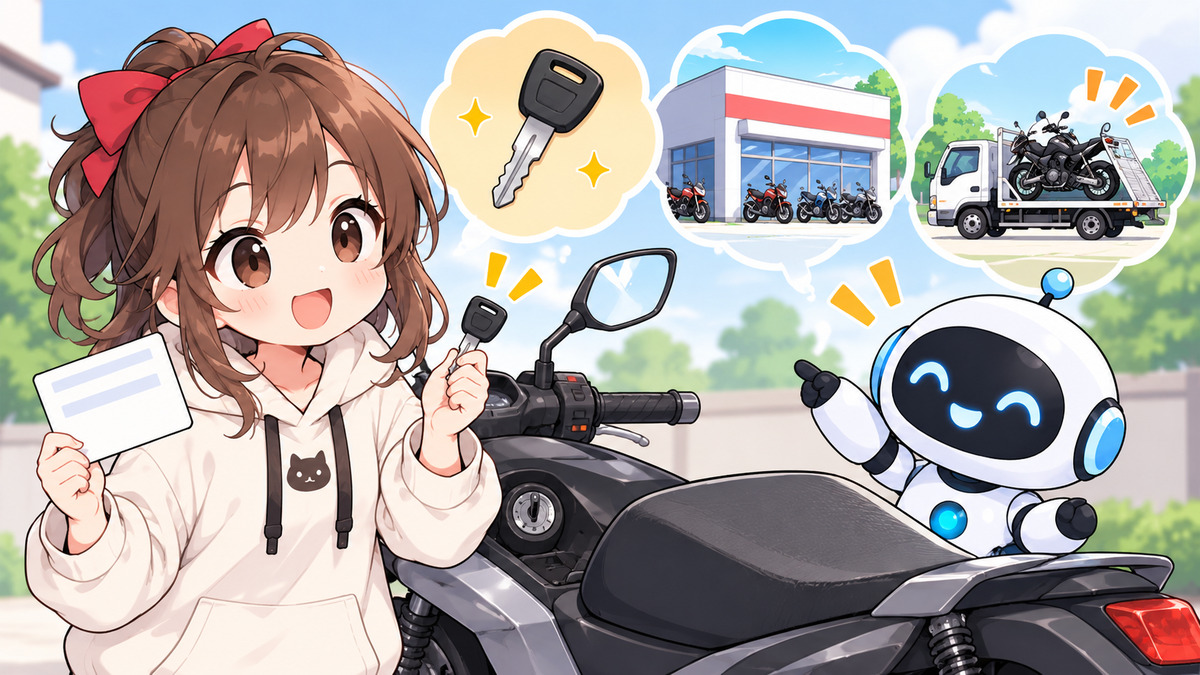 バイク 鍵 無く したについてワクちゃんとチャッピーが確認しているイラスト