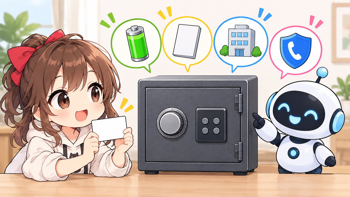 金庫 開けについてワクちゃんとチャッピーが確認しているイラスト