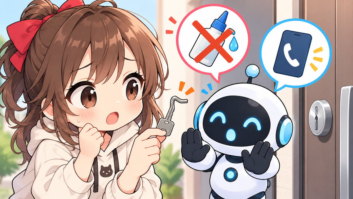 鍵 壊れ たについてワクちゃんとチャッピーが確認しているイラスト