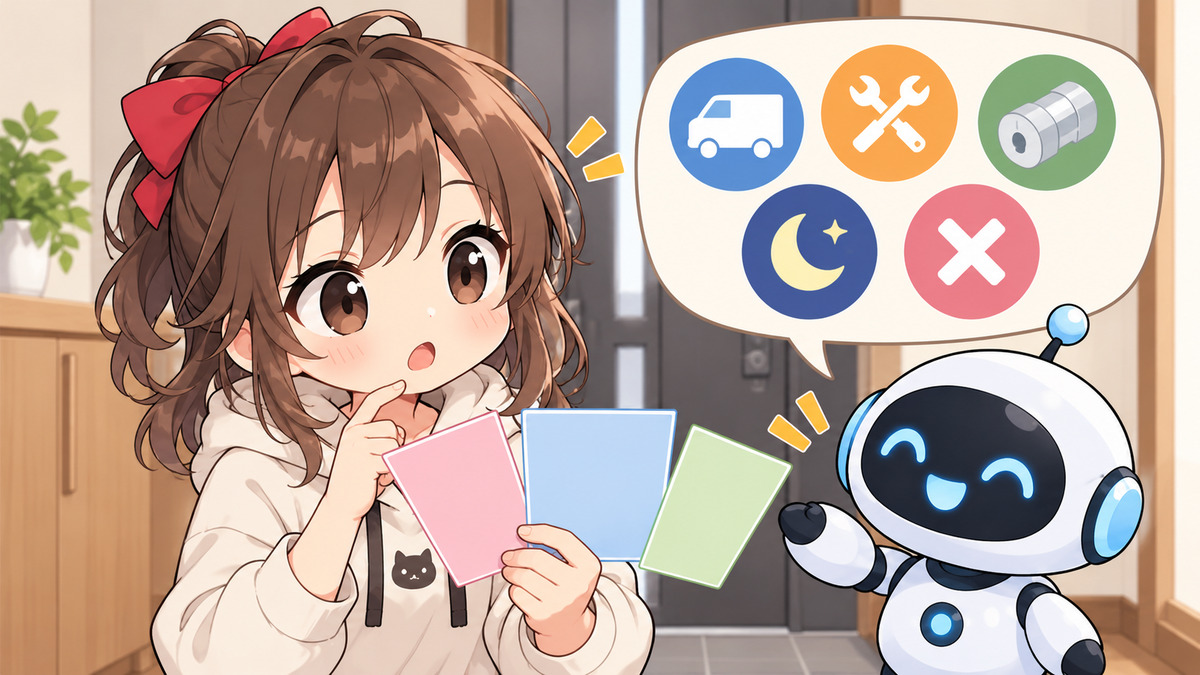 鍵 トラブル 業者についてワクちゃんとチャッピーが確認しているイラスト