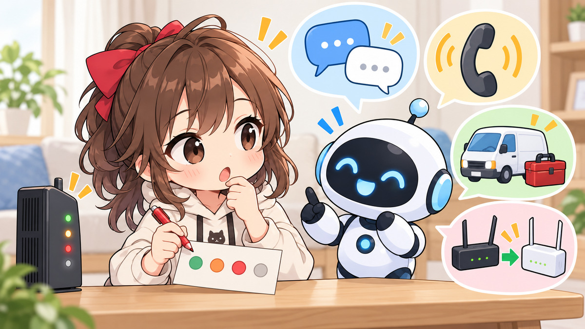 インターネット 回線 おすすめについてワクちゃんとチャッピーが確認しているイラスト