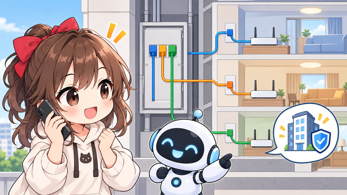 マンション ネット 契約 おすすめについてワクちゃんとチャッピーが確認しているイラスト