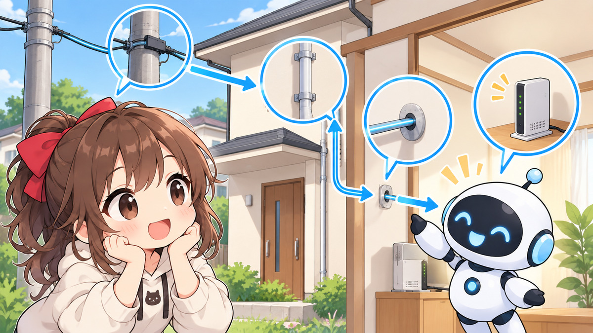 光 おすすめ 戸建てについてワクちゃんとチャッピーが確認しているイラスト
