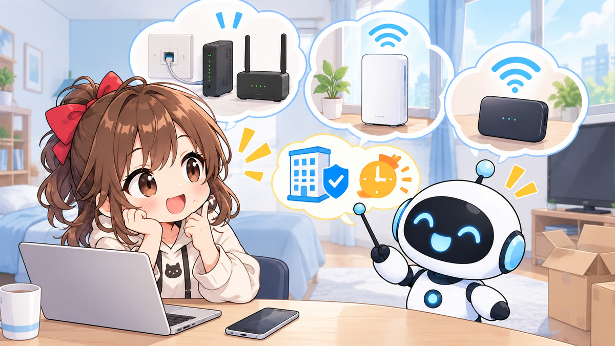 光 回線 おすすめ 一人暮らしについてワクちゃんとチャッピーが確認しているイラスト
