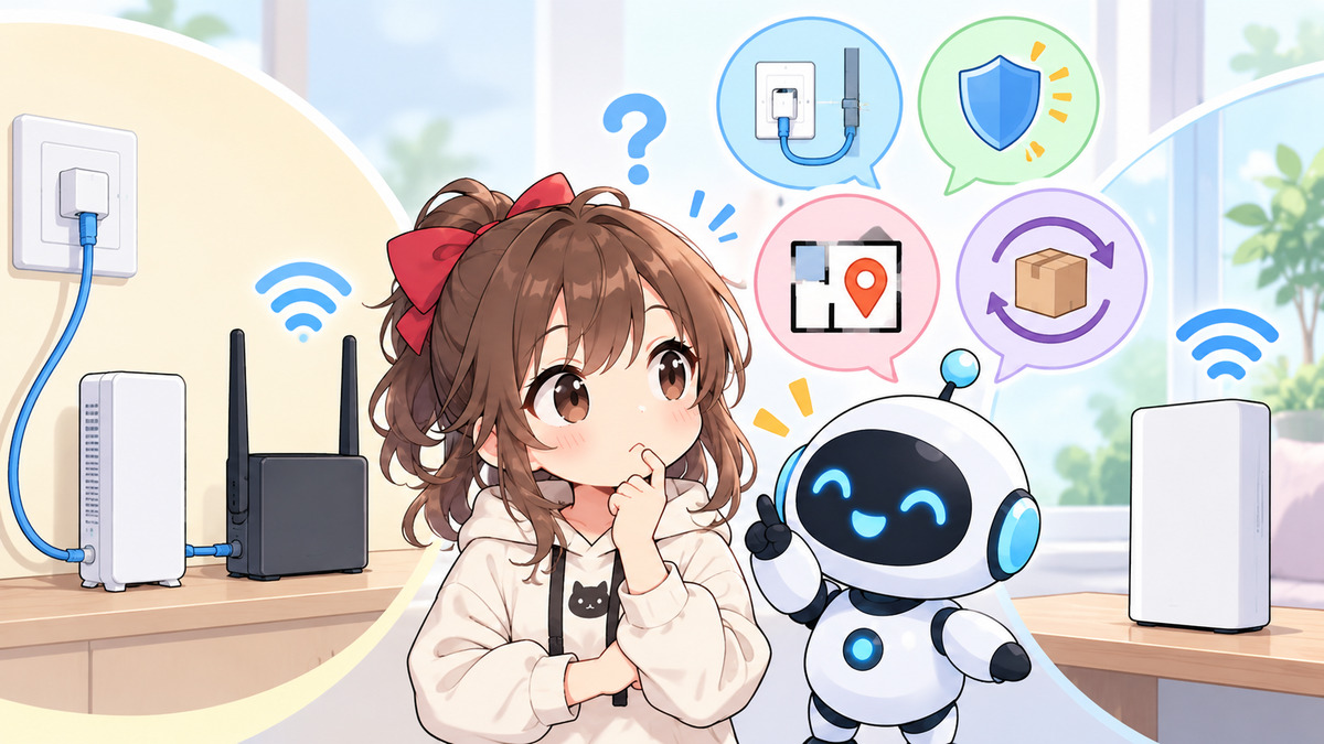 wi fi ルーター おすすめ 安い 一人暮らしについてワクちゃんとチャッピーが確認しているイラスト
