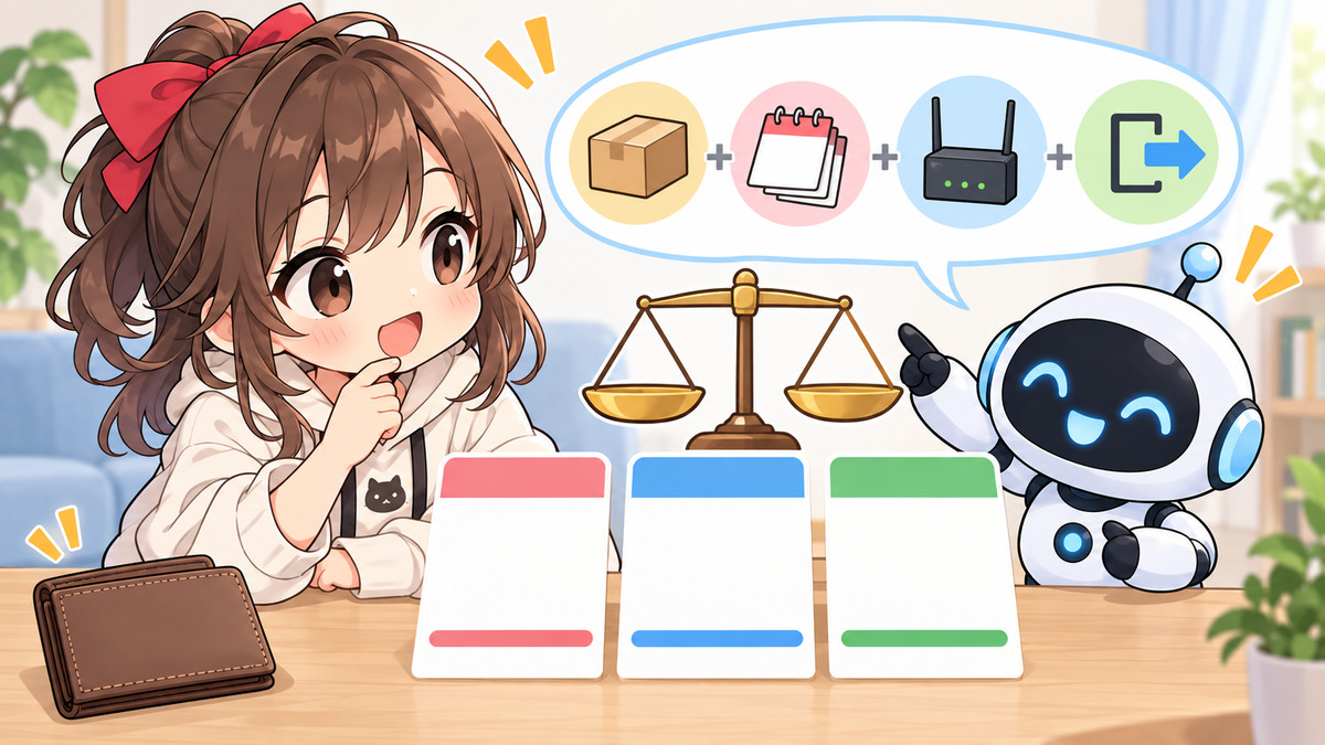 光 回線 安いについてワクちゃんとチャッピーが確認しているイラスト