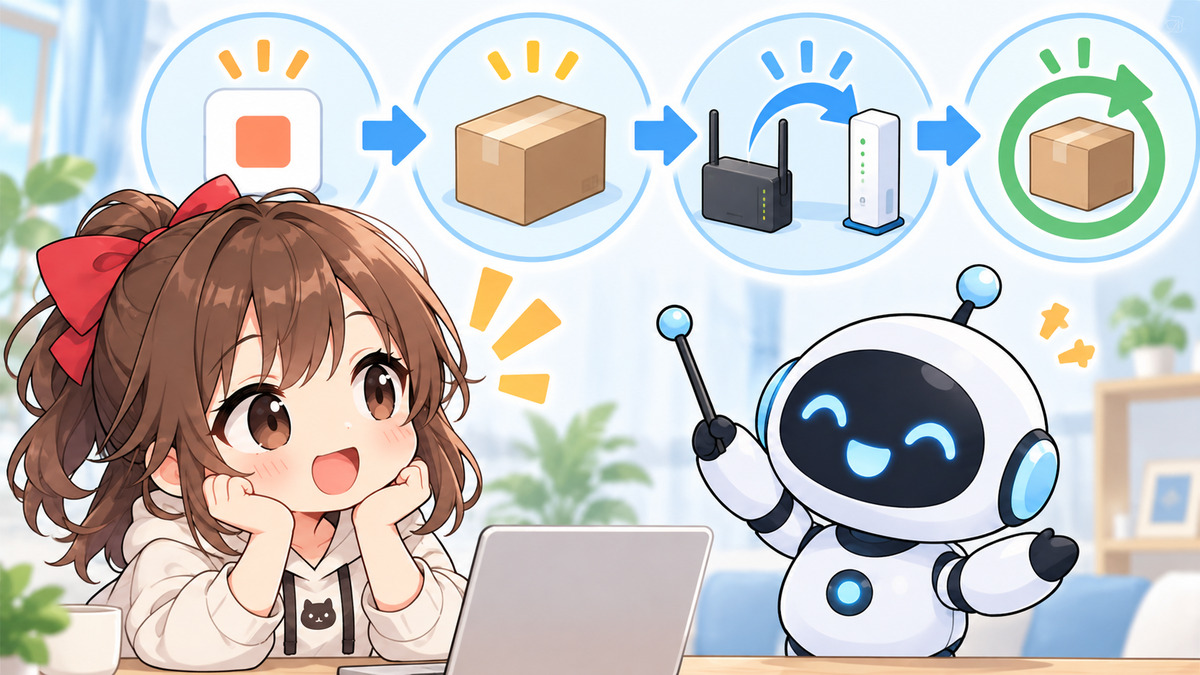 wi fi 新規 契約についてワクちゃんとチャッピーが確認しているイラスト