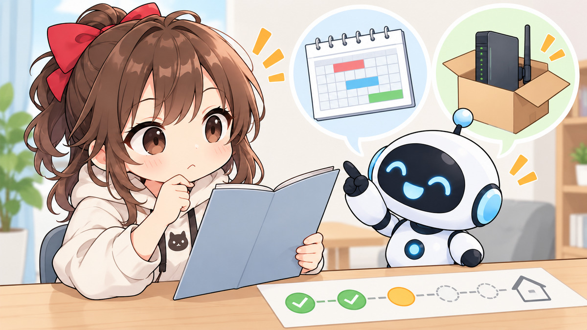 ネット 回線 契約についてワクちゃんとチャッピーが確認しているイラスト