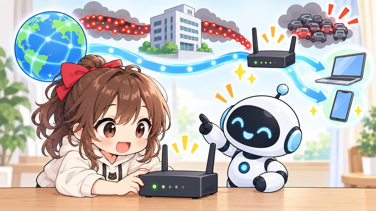 ホーム ルーター 比較についてワクちゃんとチャッピーが確認しているイラスト