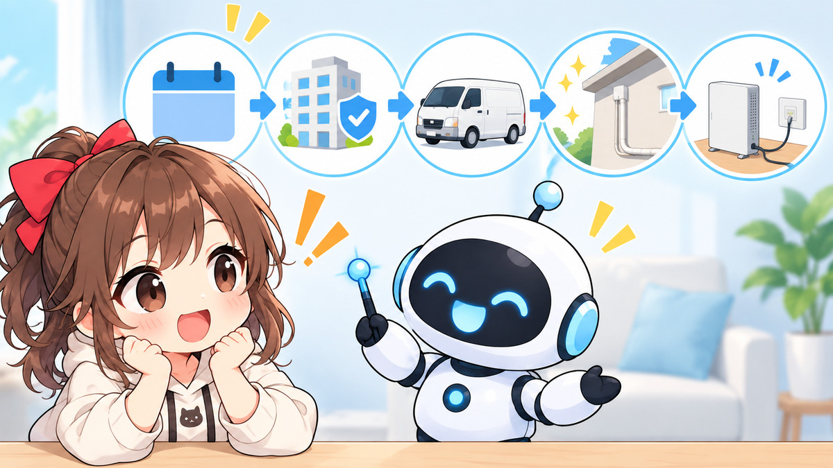 wi fi 工事についてワクちゃんとチャッピーが確認しているイラスト
