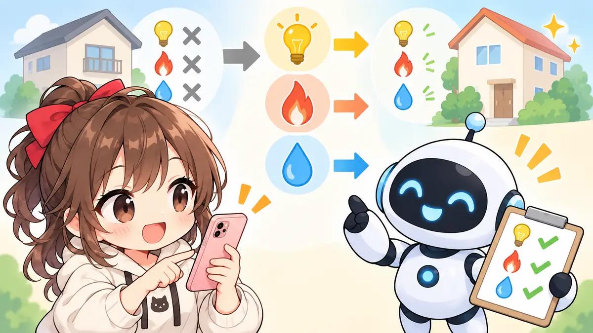 水道 転居についてワクちゃんとチャッピーが確認しているイラスト
