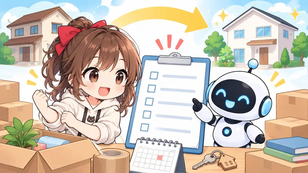 引越し 先 水道 手続きについてワクちゃんとチャッピーが確認しているイラスト