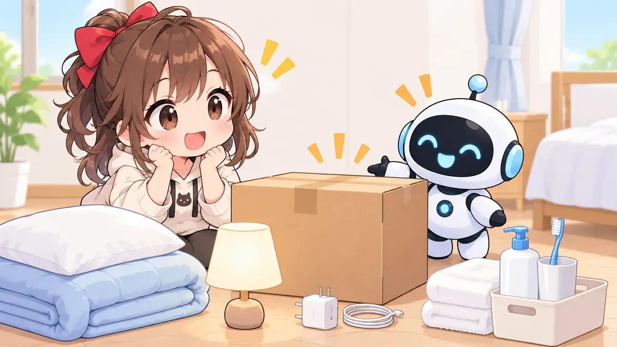 引っ越し 家電 安くについてワクちゃんとチャッピーが確認しているイラスト