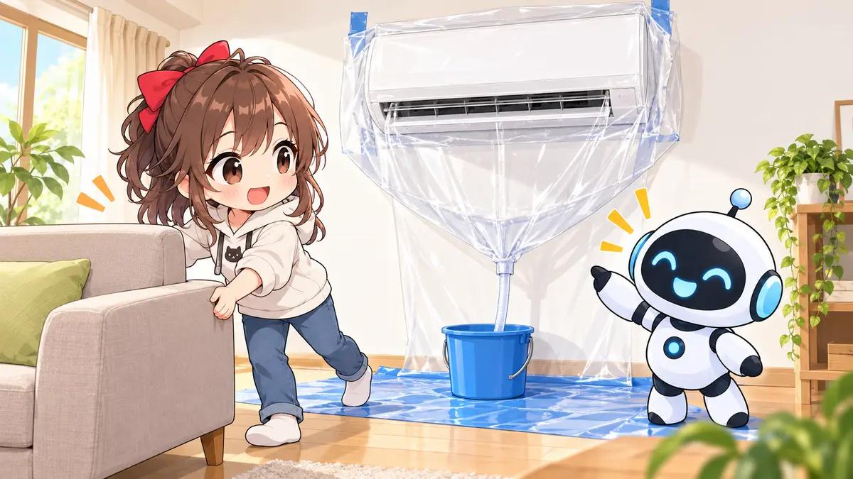 エアコン の フィルター の 掃除についてワクちゃんとチャッピーが確認しているイラスト