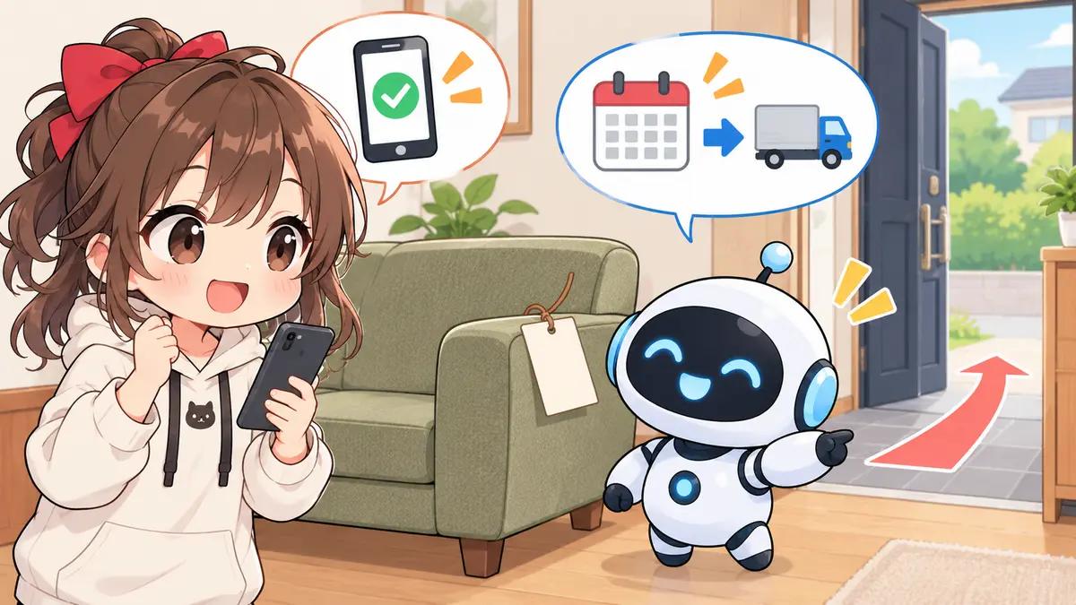 粗大 ごみ 回収 本舗についてワクちゃんとチャッピーが確認しているイラスト
