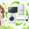 冷蔵庫 の 回収についてワクちゃんとチャッピーが確認しているイラスト