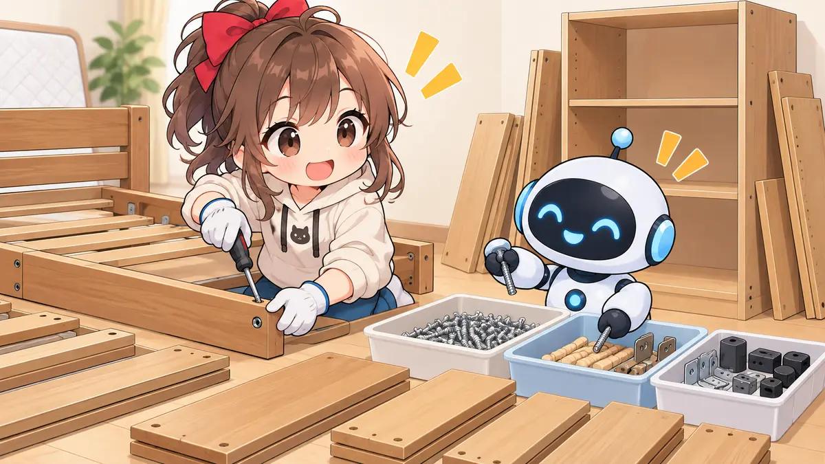 家具 の 引き取りについてワクちゃんとチャッピーが確認しているイラスト