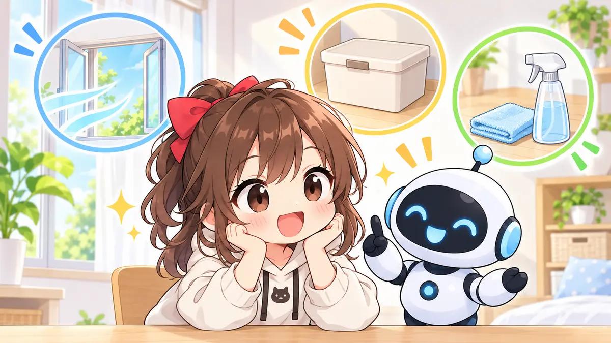 粗大 ごみ捨て 方についてワクちゃんとチャッピーが確認しているイラスト