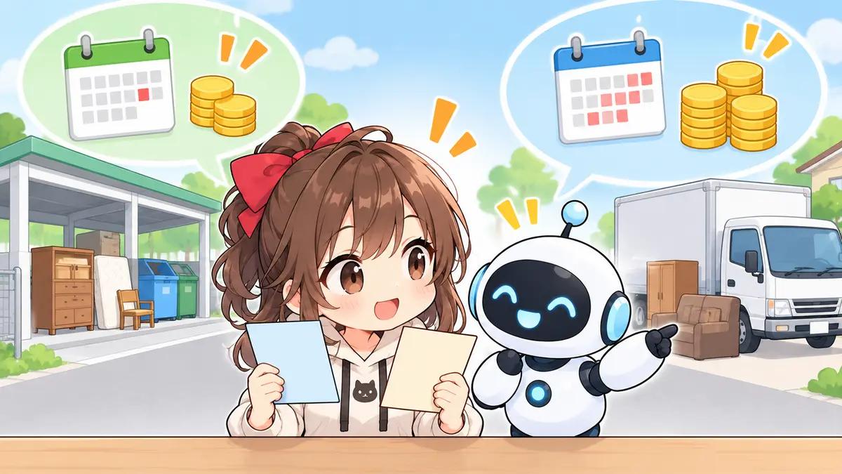 電子 レンジ の 処分についてワクちゃんとチャッピーが確認しているイラスト