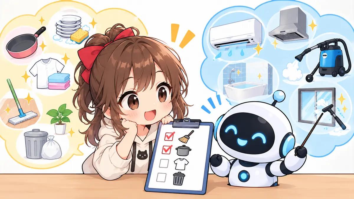 家事 代行 整理 整頓についてワクちゃんとチャッピーが確認しているイラスト