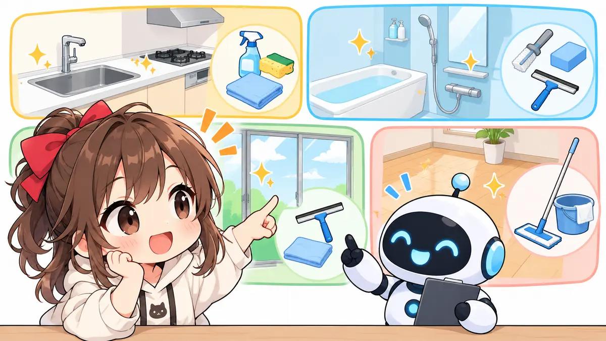 ヤマダ 電機 ハウス クリーニングについてワクちゃんとチャッピーが確認しているイラスト