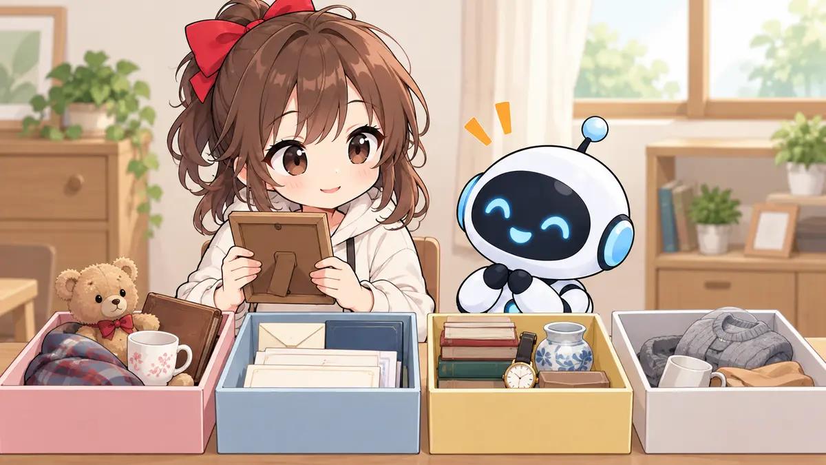 遺品 整理 ゴミ 屋敷についてワクちゃんとチャッピーが確認しているイラスト