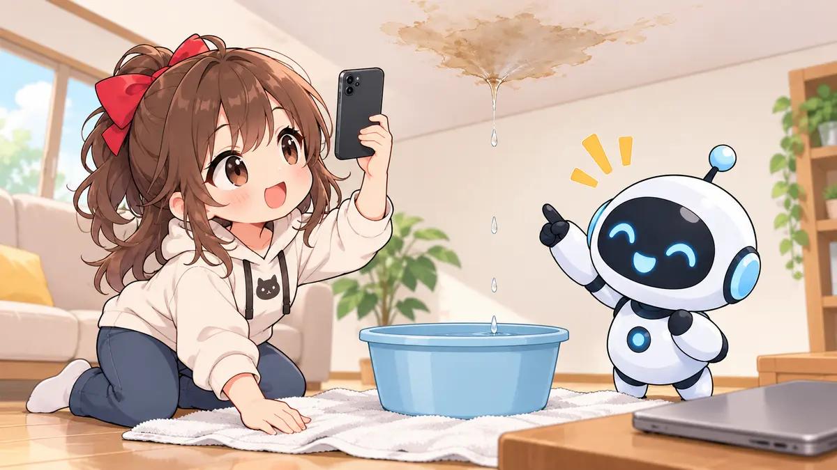 雨漏り の 修理についてワクちゃんとチャッピーが確認しているイラスト