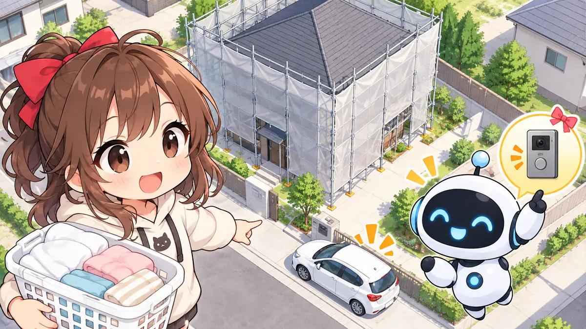 塗装 会社についてワクちゃんとチャッピーが確認しているイラスト
