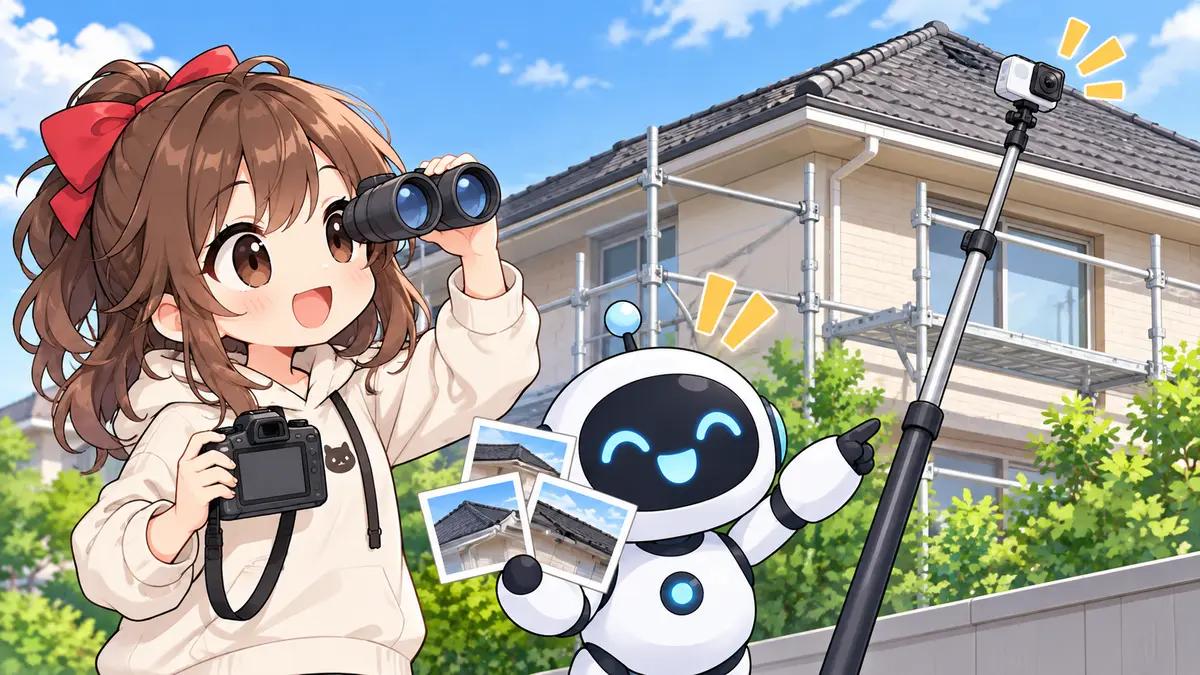 屋根 の 工事についてワクちゃんとチャッピーが確認しているイラスト